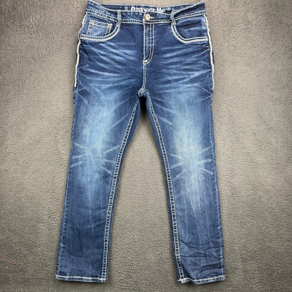 Answer Me Premium Denim Jeans Dark Wash Thick Stitch Embroidered Pockets 38x32